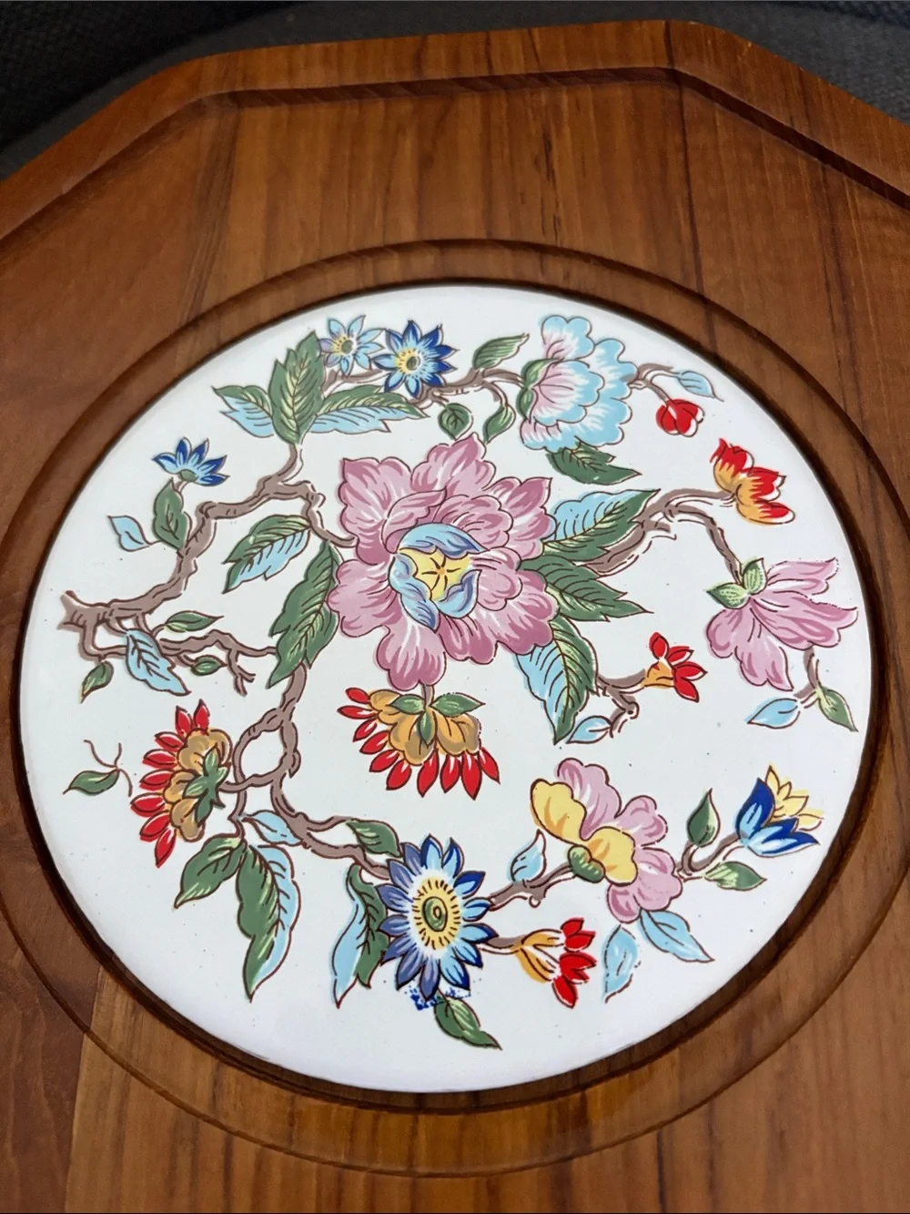 Octagonal Teak Wood Trivet with Floral Ceramic Inset